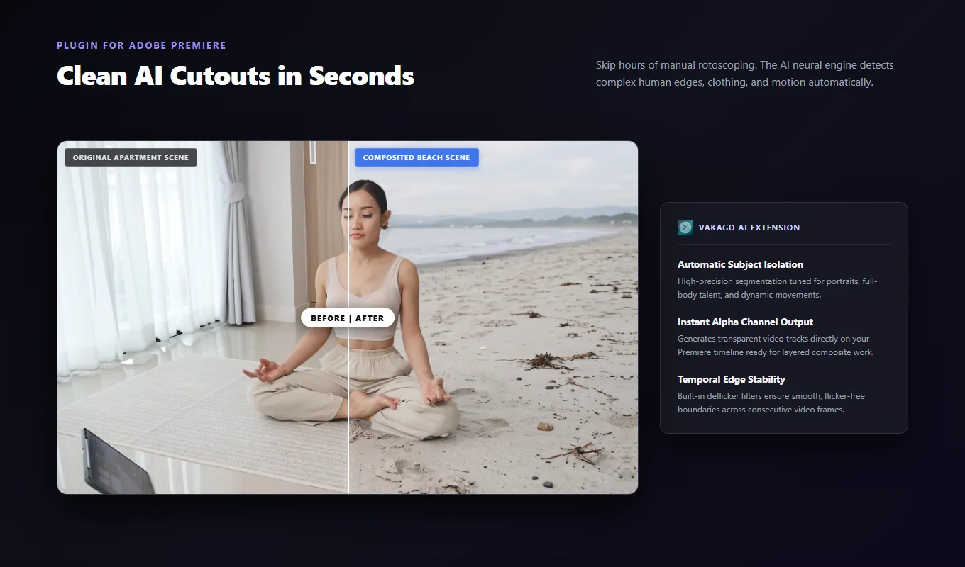 Video before and after AI background removal in Premiere Pro
